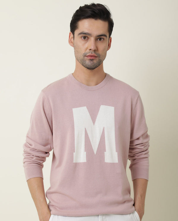 Rare Rabbit Avitt Primary Pink Pullover Cotton Fabric Full Sleeve Round Neck Slim Fit
