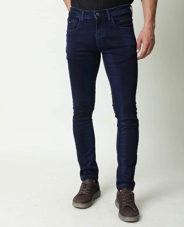 Rare Rabbit Men's Dobe Dark Blue Dark Wash Mid-Rise Slim Fit Jeans