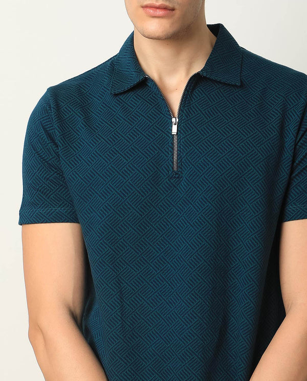 Rare Rabbit Men's Cabetta Navy Cotton Fabric Collared Neck Zipper Closure Half Sleeves Jacquard Polo T-Shirt