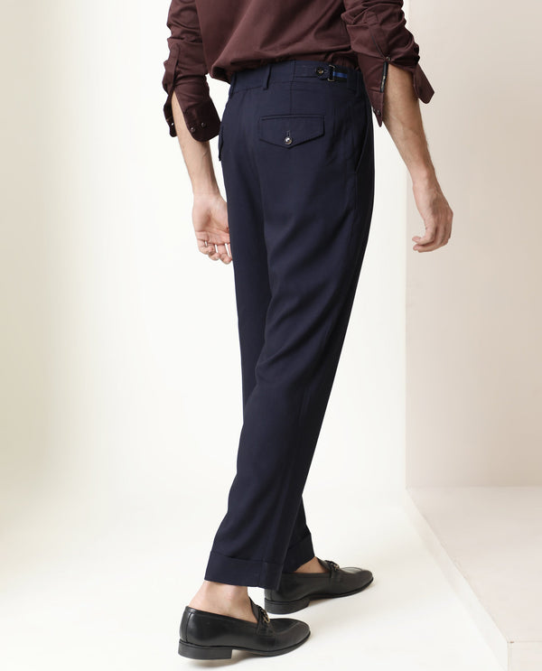 Rare Rabbit Men's Glade Dark Navy Solid Mid-Rise Regular Fit Trouser
