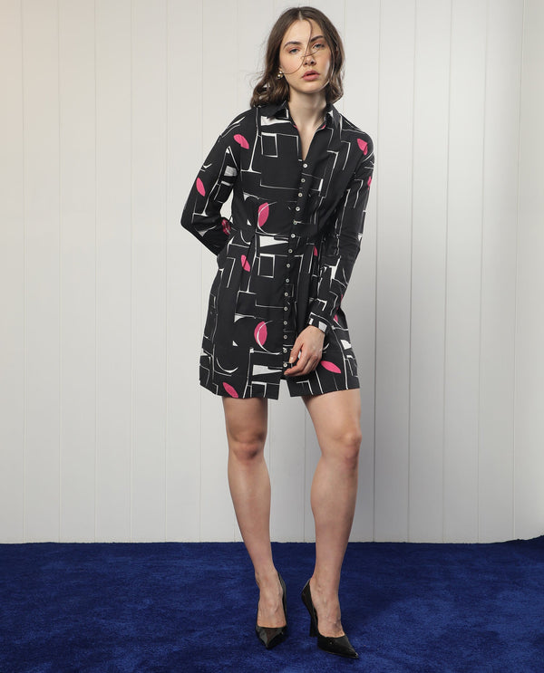 Rareism Women Ortiz Black Cotton Fabric Full Sleeves Button Closure Drop Collar Regular Fit Abstract Print Short Empire Dress