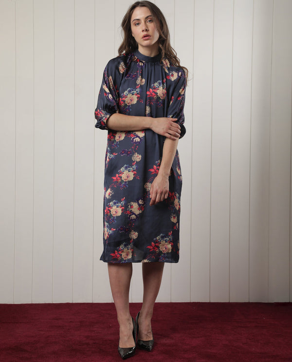Rareism Women Clem Navy Polyester Fabric 3/4Th Sleeves High Neck Volume Sleeve Relaxed Fit Floral Print Knee Length Boxy Dress