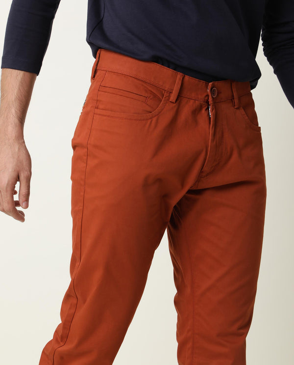 Rare Rabbit Men's Mark Dark Maroon Solid Mid-Rise Regular Fit Stretch Trouser