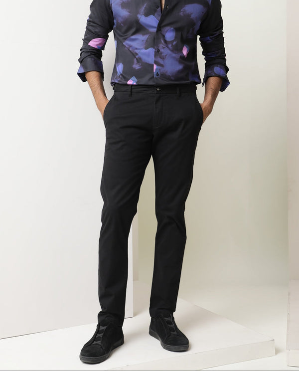 Rare Rabbit Men's Trans Black Solid Mid-Rise Regular Fit Trouser