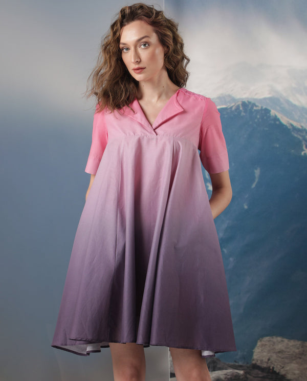 Rareism Women Celine Purple Cotton Fabric Short Sleeves Over Lap Flared Fit Ombre Knee Length Empire Dress