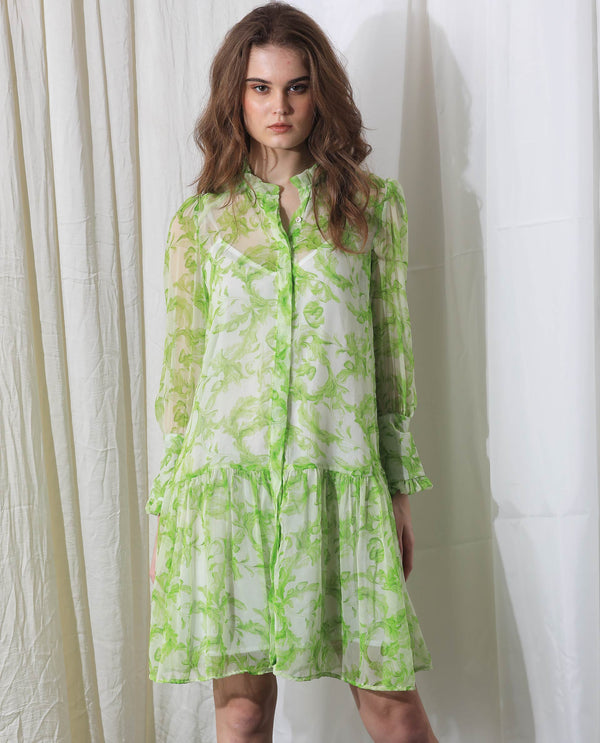 Rareism Women's Quin Green Polyester Fabric Ruffled Neck Button Closure Ruffled Sleeve Floral Print  Knee Length Dress