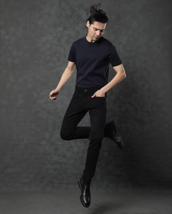 Rare Rabbit Men's Astra Black Rinse Wash Mid-Rise Slim Fit Jeans
