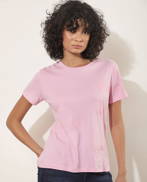 Rareism Women Oratio Pastel Purple Cotton Fabric Short Sleeves Crew Neck Regular Fit Flock Print T-Shirt