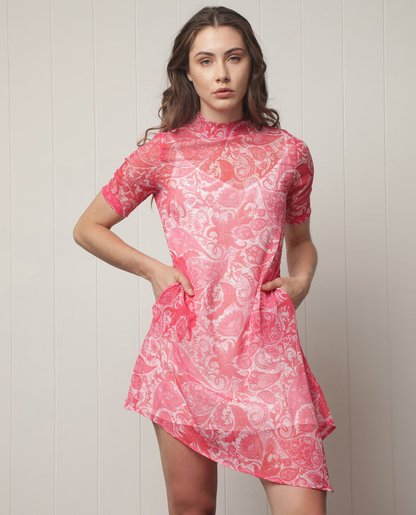 Rareism Women's Beryl Pink Polyester Fabric High Neck Zipper Closure Half Sleeve Paisley Print  Knee Length Dress