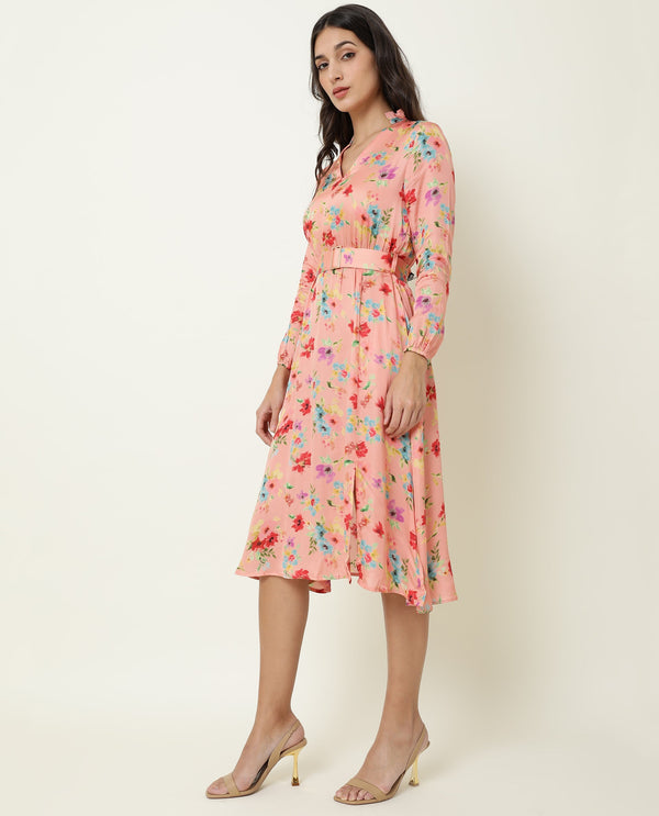 Rareism Women Tuna Peach Floral Print Full Sleeves With Fabric Waist Belt With Buckle And Pockets Knee Length Dress