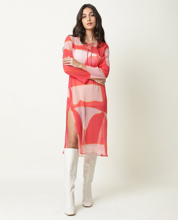 Rareism Women Benett Pink Abstract V Neck With Criss Cross Tie Up Full Sleeves Midi Dress