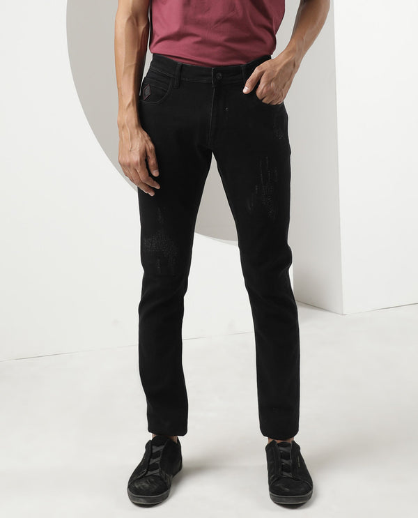 Rare Rabbit Men's Astral Black Rinse Wash Mid-Rise Slim Fit Jeans