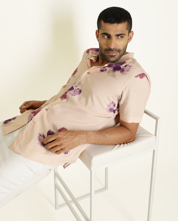 Rare Rabbit Men's Zion Beige Viscose Fabric Floral Print Half Sleeves Shirt
