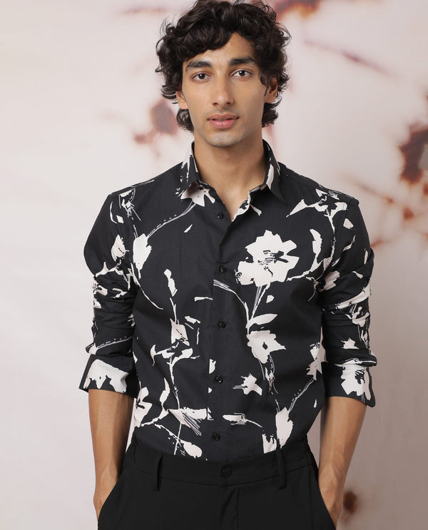 Rare Rabbit Men's Sketcherr Black Cotton Fabric Floral Print Full Sleeves Shirt