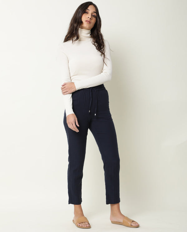 Rareism Women Elo Navy Cotton Fabric Regular Fit Mid Rise Solid Ankle Length Trousers