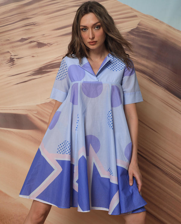 Rareism Women Coco Blue Cotton Fabric Short Sleeves Over Lap Flared Fit Abstract Print Knee Length Empire Dress