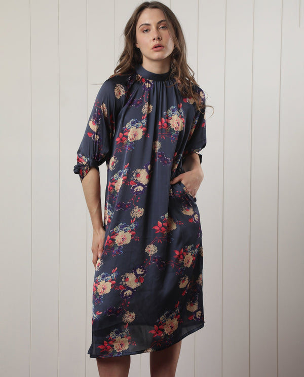 Rareism Women Clem Navy Polyester Fabric 3/4Th Sleeves High Neck Volume Sleeve Relaxed Fit Floral Print Knee Length Boxy Dress