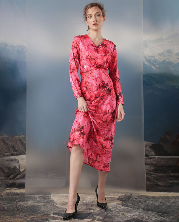 Rareism Women Merlot Maroon Cotton Fabric Full Sleeves V-Neck Regular Fit Floral Print Maxi Empire Dress