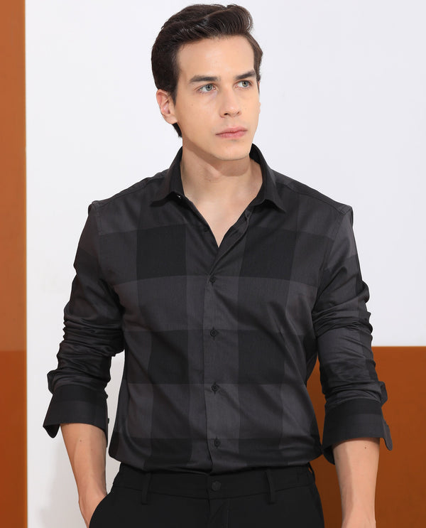 Rare Rabbit Men's Santhe Black Cotton Lycra Fabric Full Sleeves Regular Fit Tonal Checks Shirt