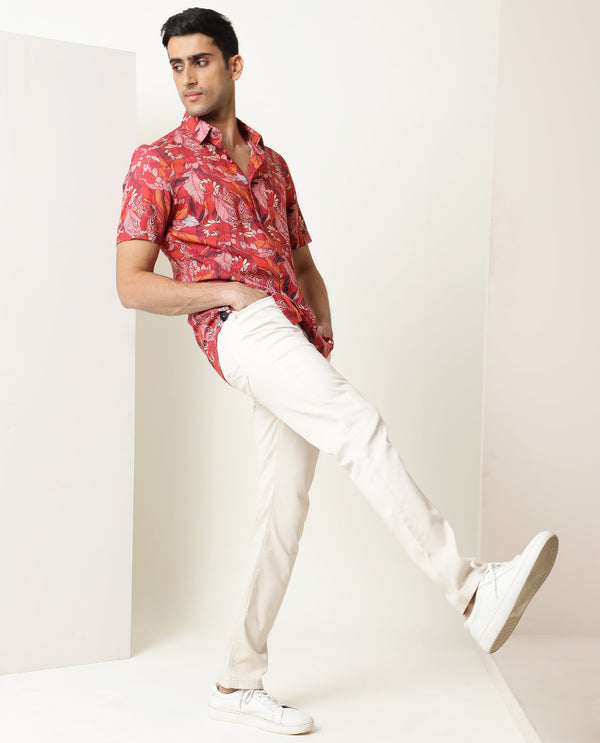 Rare Rabbit Men's Sinn Dark Red Viscose Fabric Floral Print Half Sleeves Shirt