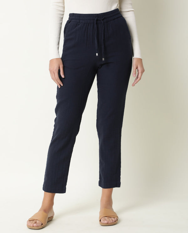 Rareism Women Elo Navy Cotton Fabric Regular Fit Mid Rise Solid Ankle Length Trousers