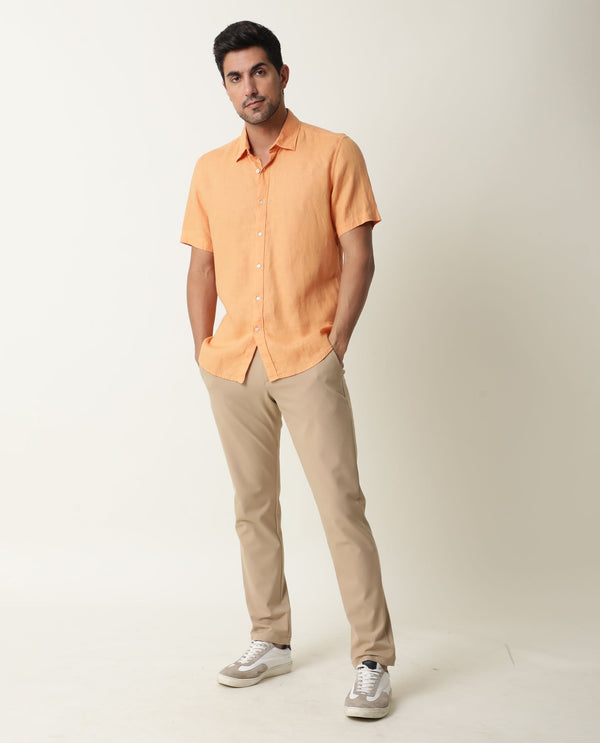 Rare Rabbit Men's Flax Ss Orange Linen Fabric Half Sleeves Solid Shirt