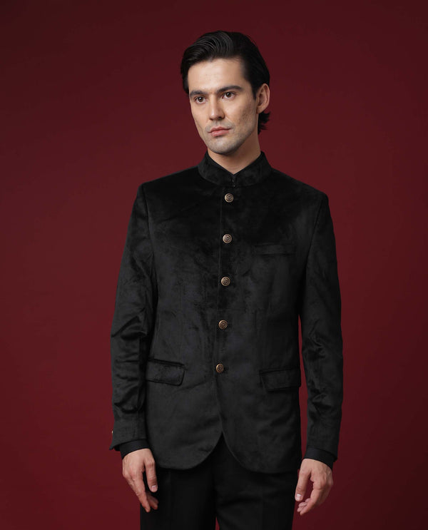 Rare Rabbit Men's Bozelli Black Mandarin Collar Tailored Fit Velvet Bandhgala