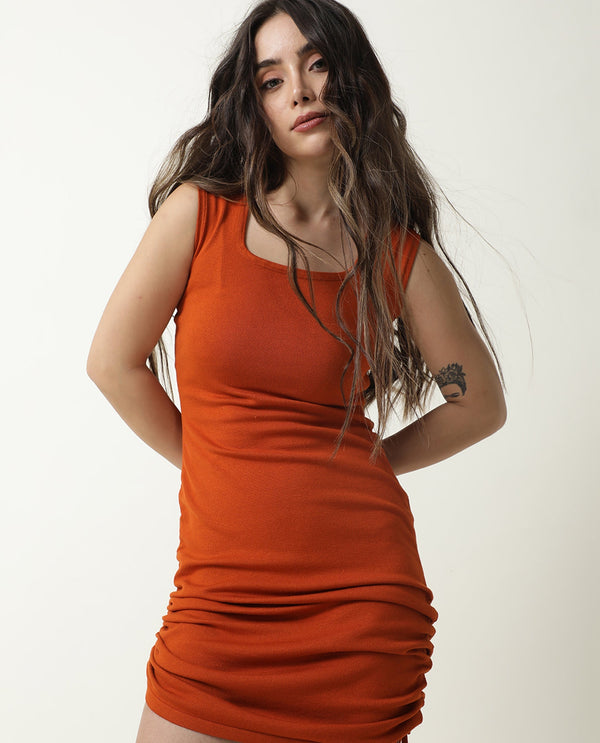 Rareism Women Hailey Orange Square Neck Sleeveless With Pull Up Drawstring At Side Seam Midi Dress
