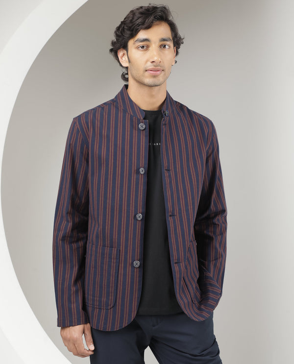 Rare Rabbit Men's Banner Navy Mandarin Collar Striped Jacket