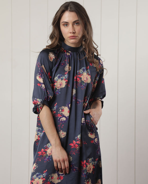 Rareism Women Clem Navy Polyester Fabric 3/4Th Sleeves High Neck Volume Sleeve Relaxed Fit Floral Print Knee Length Boxy Dress