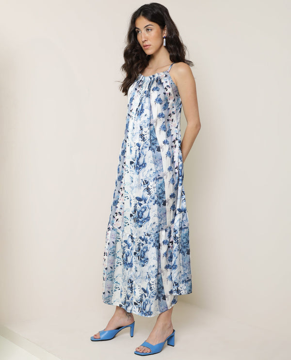 Rareism Women's Macy Light Blue Polyester Fabric Shoulder Straps Slip-On Closure Sleeveless Floral Print  Maxi Dress