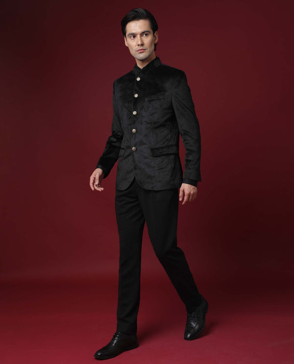 Rare Rabbit Men's Bozelli Black Mandarin Collar Tailored Fit Velvet Bandhgala