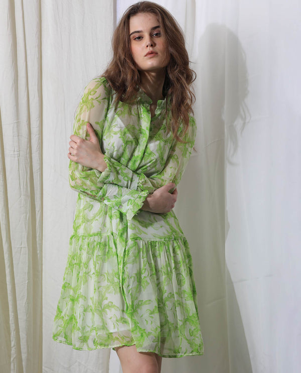 Rareism Women's Quin Green Polyester Fabric Ruffled Neck Button Closure Ruffled Sleeve Floral Print  Knee Length Dress