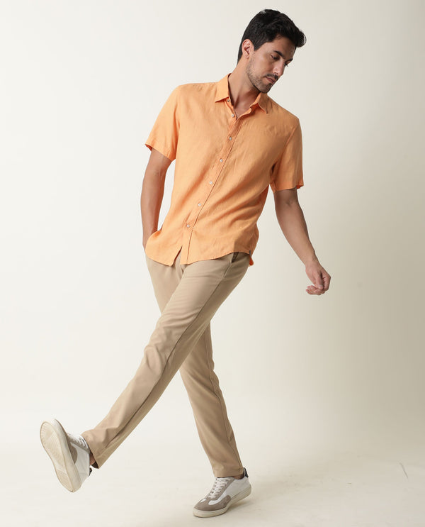 Rare Rabbit Men's Flax Ss Orange Linen Fabric Half Sleeves Solid Shirt