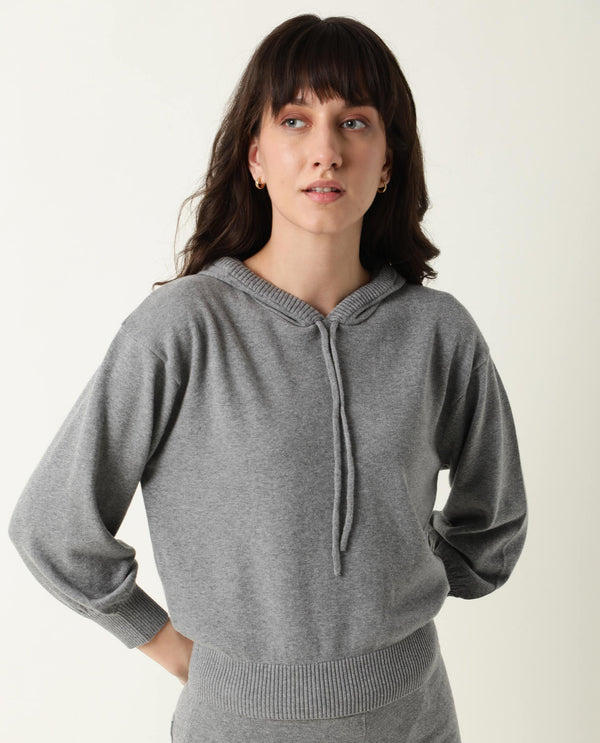Rareism Women Finn Melange Grey Cotton Fabric Relaxed Fit Full Sleeves Solid Knee Length Hooded Track Suit
