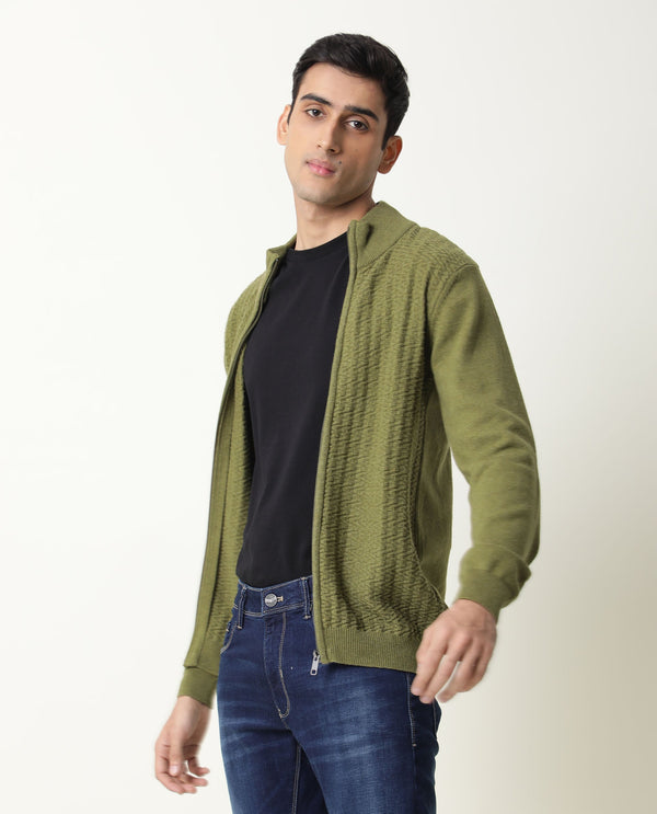 Rare Rabbit Jacky Primary Green Pullover Cotton Fabric Full Sleeve Mock Collar Slim Fit