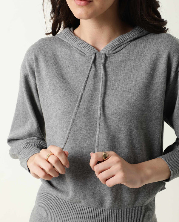 Rareism Women Finn Melange Grey Cotton Fabric Relaxed Fit Full Sleeves Solid Knee Length Hooded Track Suit