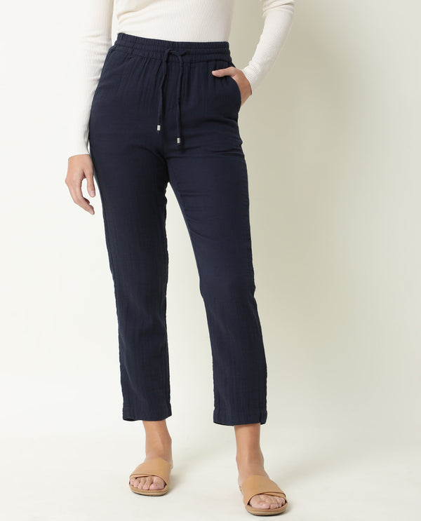 Rareism Women Elo Navy Cotton Fabric Regular Fit Mid Rise Solid Ankle Length Trousers