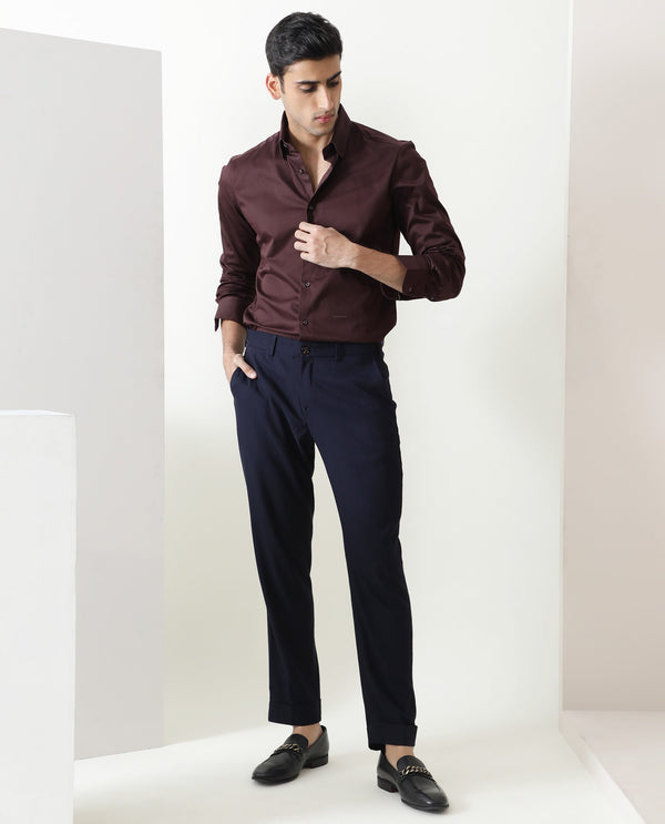 Rare Rabbit Men's Glade Dark Navy Solid Mid-Rise Regular Fit Trouser