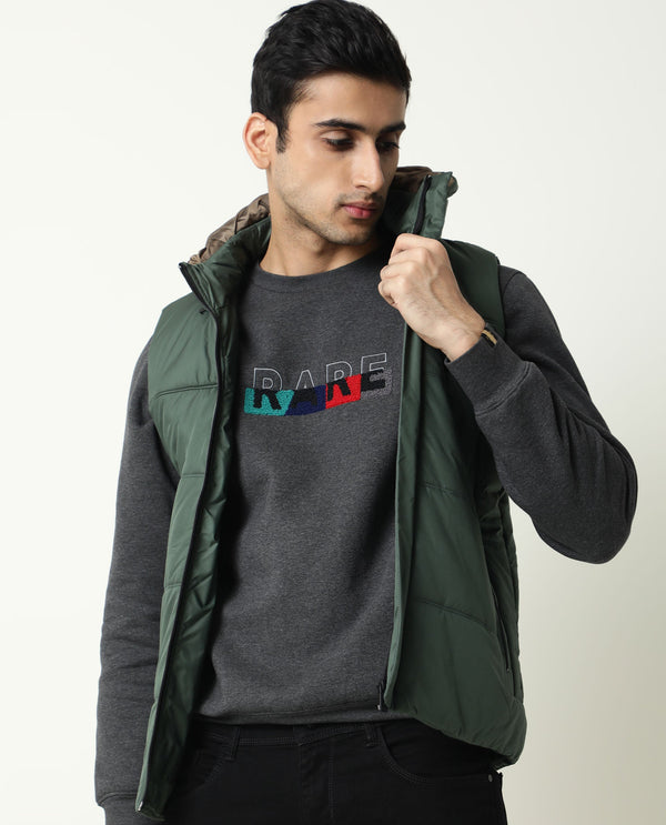Rare Rabbit Men'S Filly Olive Jacket Polyester Fabric Hooded Neck Sleeve Less Zipper Closure