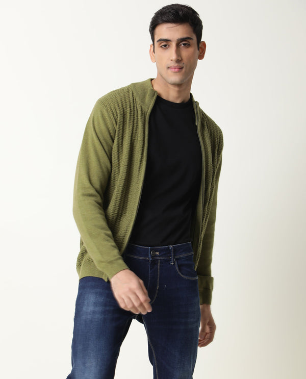 Rare Rabbit Jacky Primary Green Pullover Cotton Fabric Full Sleeve Mock Collar Slim Fit