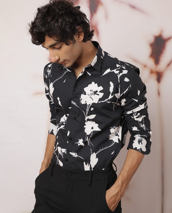 Rare Rabbit Men's Sketcherr Black Cotton Fabric Floral Print Full Sleeves Shirt