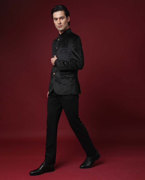 Rare Rabbit Men's Core Black Mandarin Collar Full Sleeves Slim Fit Velvet Bandhgala