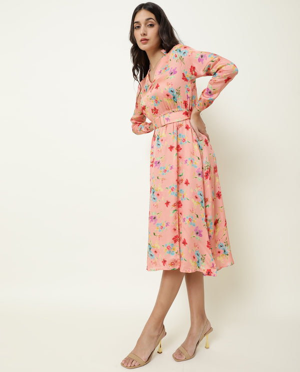 Rareism Women Tuna Peach Floral Print Full Sleeves With Fabric Waist Belt With Buckle And Pockets Knee Length Dress