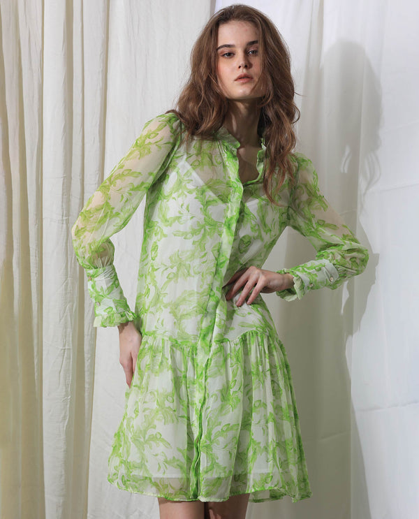 Rareism Women's Quin Green Polyester Fabric Ruffled Neck Button Closure Ruffled Sleeve Floral Print  Knee Length Dress