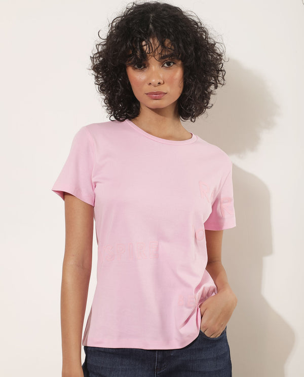 Rareism Women Oratio Pastel Purple Cotton Fabric Short Sleeves Crew Neck Regular Fit Flock Print T-Shirt