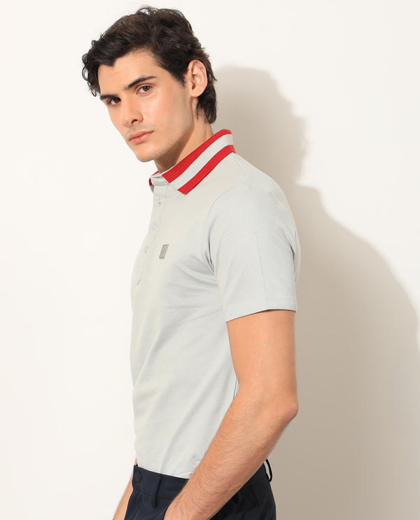 Rare Rabbit Men's Divide Light Grey Cotton Fabric Striped Collar Half Sleeves Polo T-Shirt
