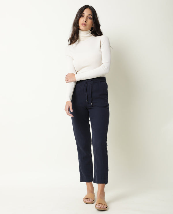 Rareism Women Elo Navy Cotton Fabric Regular Fit Mid Rise Solid Ankle Length Trousers
