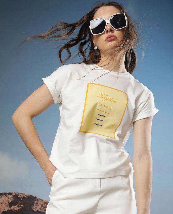 Rareism Women Ira White Cotton Fabric Short Sleeves Crew Neck Regular Fit Graphic Print T-Shirt