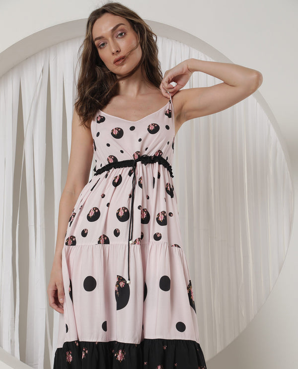 Rareism Women Lavandula Light Pink Polyester Fabric Sleeveless Shoulder Straps Relaxed Fit Polka Midi Tiered Dress